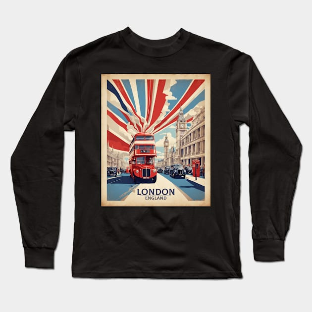 London England Double Decker Bus Vintage Travel Tourism Long Sleeve T-Shirt by TravelersGems